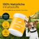 Gelber "HUNDPUR" Behälter mit "HAUT & FELL" und Symbolen für diabetische Hunde auf einem grasbewachsenen Hintergrund.