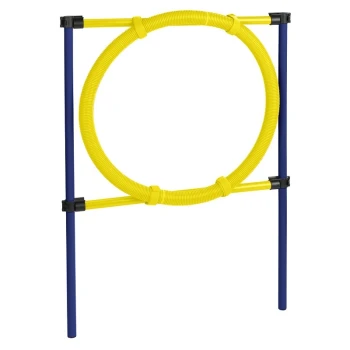 Agility Hürde Agility-Trainingssprung für Haustiere, mit einem runden gelben Reifen, der von blauen Stangen gestützt wird. Ideal für Bewegung und Spiel.