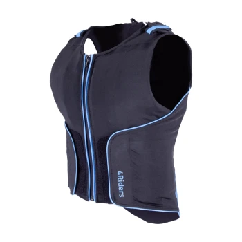 Schwarze Haustierweste mit blauen Akzenten und Reißverschluss, beschriftet mit '4Riders', entworfen für die Sicherheit und den Komfort von Haustieren.