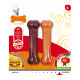 Zwei strapazierfähige Hundekauspielzeuge in einer Verpackung, eines mit der Aufschrift 'Cheeseburger' und das andere 'Apfel', mit einem kleinen Hundebild darüber.
