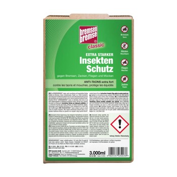 Insektenschutzmittelverpackung beschriftet "bremsenbremse classic," mit deutschem und französischem Text für Fliegen-, Zecken- und Mückenabwehr.