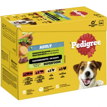 Pedigree-Hundefutterbox mit einem lächelnden Hund, beschriftet mit "Adult" und einer gemischten Auswahl sowie Superfoods, einschließlich Rind-, Huhn- und Truthahn-Rezepten.