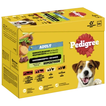 Pedigree-Hundefutterbox mit einem lächelnden Hund, beschriftet mit "Adult" und einer gemischten Auswahl sowie Superfoods, einschließlich Rind-, Huhn- und Truthahn-Rezepten.