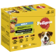 Pedigree-Hundefutterbox mit einem lächelnden Hund, beschriftet mit "Adult" und einer gemischten Auswahl sowie Superfoods, einschließlich Rind-, Huhn- und Truthahn-Rezepten.