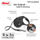 Schwarze, einziehbare Hundeleine mit der Aufschrift "flexi" und ergonomischem Griff, mit einer Länge von 5 m für Hunde bis zu 15 kg, hergestellt in Deutschland.