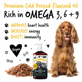 Premium kaltgepresstes Leinsamenöl für Hunde, reich an Omega 3, 6, 9, verbessert Herzgesundheit, Energie, Immunität, vegan.