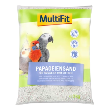 A bag of MultiFit parrot sand with colorful parrot images and text: "Papageiensand für Papageien und Sittiche" and "Parrot sand."