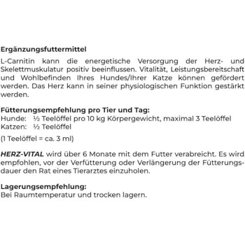 Deutsches Etikett: Ergänzungsfuttermittel L‑Carnitin — Wirkungen und Fütterungsempfehlung, Hunde/Katzen Dosierung ½ Teelöffel, Lagerhinweis bei Raumtemperatur.