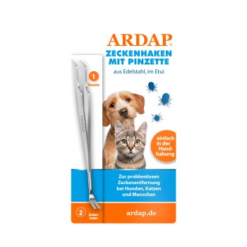 ARDAP-Zeckenentfernungsset mit Pinzette, Hund- und Katzenfotos und Zeckensymbolen; sichtbarer Text "ZECKENHAKEN MIT PINZETTE" und "ardap.de".
