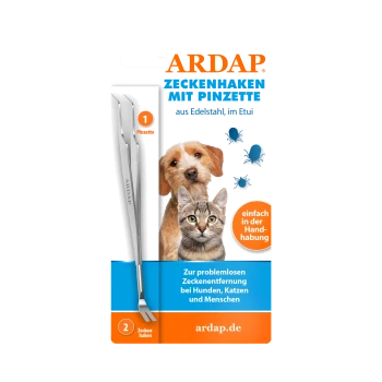 ARDAP-Zeckenentfernungsset mit Pinzette, Hund- und Katzenfotos und Zeckensymbolen; sichtbarer Text "ZECKENHAKEN MIT PINZETTE" und "ardap.de".