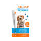 ARDAP-Zeckenentfernungsset mit Pinzette, Hund- und Katzenfotos und Zeckensymbolen; sichtbarer Text "ZECKENHAKEN MIT PINZETTE" und "ardap.de".