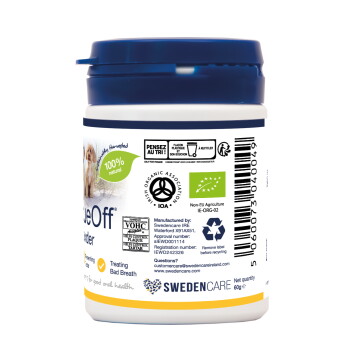 White jar with blue lid of SwedenCare pet supplement powder; label shows "100% natural", organic certification logos and a barcode