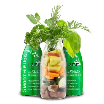 Ein Mops sitzt auf einem Baumstamm mit einer grünen Flasche mit der Aufschrift "SMOOTHIEDOG Lamm" und dem Hinweis "100% natürlich, Zuckerfrei!"