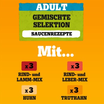 Erwachsenen-Mischfutter für Haustiere mit Rezepten in Sauce, mit je 3 Stück Rind- und Lamm-Mix, Huhn, Rind und Leber-Mix sowie Pute.