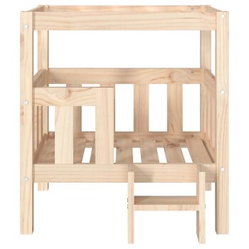 Holzhaustierbett mit zwei Ebenen und einer kleinen Treppe, entworfen für kleine Tiere, mit einer natürlichen Oberfläche.