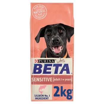 Purina BETA Sensitive dog food bag, featuring a happy black dog on a pink background, labeled "Salmon No. 1 Ingredient," 2kg size.