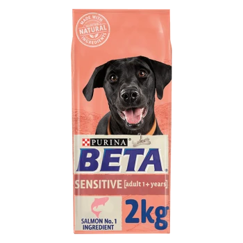 Purina BETA Sensitive dog food bag, featuring a happy black dog on a pink background, labeled "Salmon No. 1 Ingredient," 2kg size.