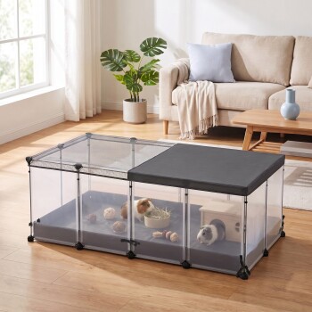 Modularer Auslauf mit durchsichtigen Seiten für Kleintiere im Wohnzimmer mit zwei Meerschweinchen, Heunapf, Holzhäuschen und Spielzeug.