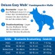 Infografik für das Deluxe Easy Walk® Hundegeschirr, die Messanleitungen und eine Größentabelle für Brustbreite und Umfang zeigt.
