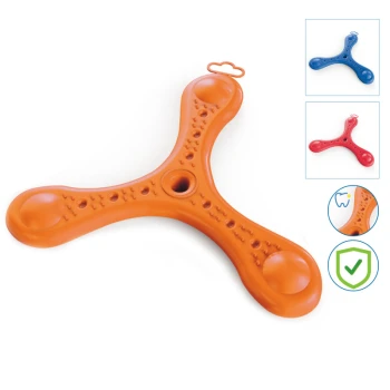 Orangenes dreizackiges Hundespielzeug mit strukturierten Oberflächen, mit einem Loch in der Mitte; Farboptionen gezeigt: Blau und Rot.