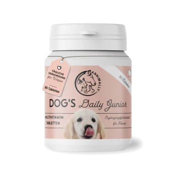 Behälter mit Dog's Daily Junior Multivitamin-Tabletten für Welpen mit Welpenbild und deutschem Text.