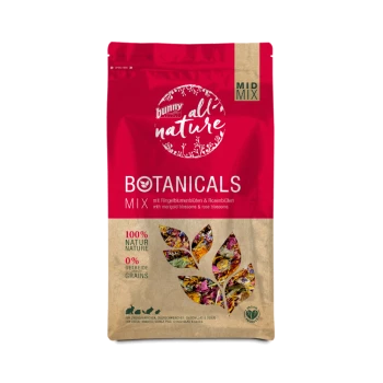 Czerwona i beżowa torba z jedzeniem dla królików oznaczona 'Botanicals Mix' z nagietkami i różowymi kwiatami, stwierdzająca '100% Natur' i '0% Getreide.'