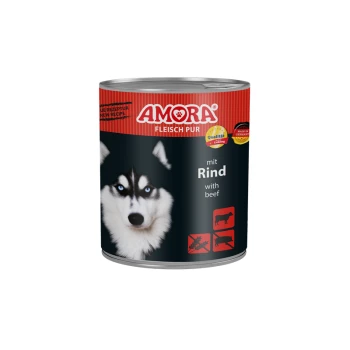 Dose AMORA Hundefutter (Fleisch Pur) mit Husky-Abbildung; Etikett: 'mit Rind / with beef'.
