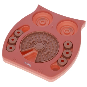 Interaktives, eulenförmiges Slow-Feeder-Hundespielzeug mit Fächern und drehbarem Abschnitt mit Knochenmuster, Marke „Kerbl Pet“.