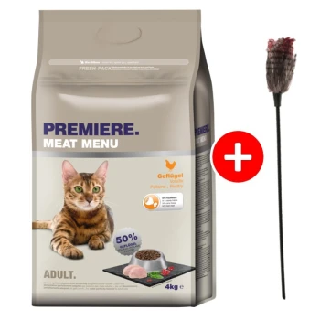 Adult Geflügel 4kg mit Gratis Katzenangel Katzenfutterbeutel mit der Aufschrift "Premiere Meat Menu" mit einem Gewicht von 4 kg, mit einer Bengalkatze und einem Bonusspielzeug. Enthält 50% Geflügel.