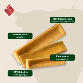 Kauknochen für Hunde, beschriftet mit Vorteilen: "stärkt die Kaumuskulatur", "weiche Kanten" und "kalorienarm", hergestellt aus 100% Kuhmilch.