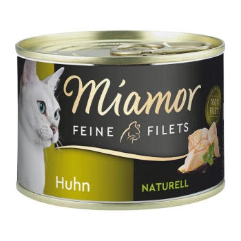 Eine Dose Miamor Katzenfutter mit einer weißen Katze auf dem Etikett, beschriftet mit 'Huhn' und 'Naturell', betont 100% Filet.