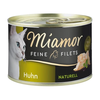Eine Dose Miamor Katzenfutter mit einer weißen Katze auf dem Etikett, beschriftet mit 'Huhn' und 'Naturell', betont 100% Filet.