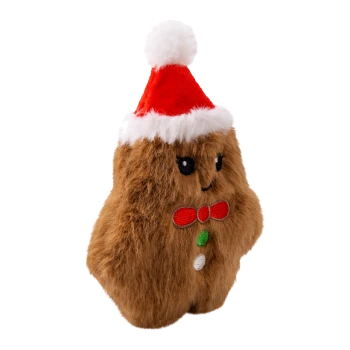 Plüsch-braunes Hundespielzeug in Form eines Lebkuchenmanns mit rotem Weihnachtsmannhut und roter Fliege mit grünen und weißen Knöpfen.