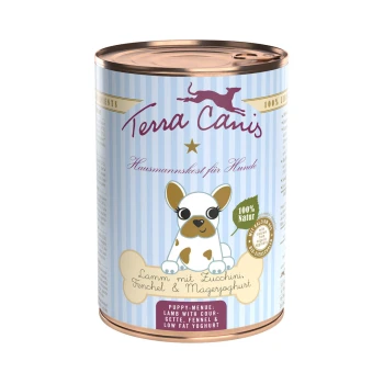 Welpe 6x400g Lamm mit Zucchini, Fenchel und Magerjoghurt Dose Hundefutter mit der Aufschrift "Terra Canis", die einen Cartoon-Hund zeigt, mit dem Text "Lamm mit Zucchini, Fenchel & Magerjoghurt" und "Welpen-Menü."