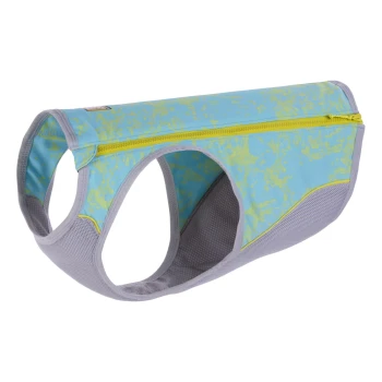 Ein farbenfrohes Hundegeschirr in Blau mit gelben Spritzern, mit einer Reißverschlusstasche und atmungsaktiven Mesh-Seiten.