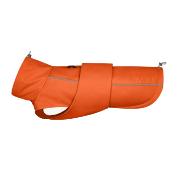 Helle orangefarbene Hundejacke mit reflektierenden Streifen und einem Schnallenverschluss, beschriftet mit "DOG IDEA." Ideal, um Haustiere warm und sichtbar zu halten.