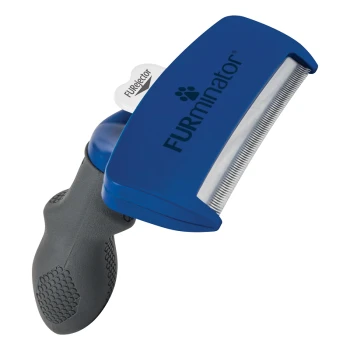 pour chien L Poils courts Outil de déshectage FURminator avec une poignée bleue et un bord en acier inoxydable, conçu pour enlever les poils d'animaux lâches.