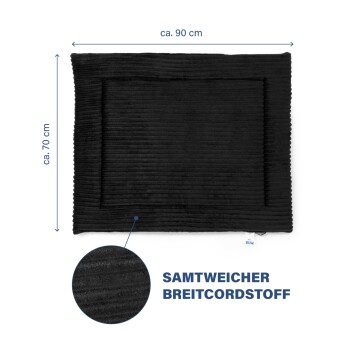 Schwarze Haustiermatte mit gerippter Textur, etwa 90 cm mal 70 cm groß, gekennzeichnet mit 'Samtweicher Breitcordstoff.'