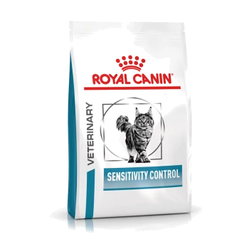 Royal Canin Veterinary Sensitivity Control kattenvoerzak met een illustratie van een grijze tabby kat en een rood kroonlogo.