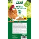 Eine braune Henne steht neben einem Sack "Hühner Land Milben Spezialfutter," einem 10 kg Hühnerfutter mit Vitaminen und Mineralien, hergestellt in Deutschland.
