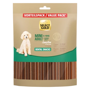 Select Gold Mini Adult Dental Snacks for dogs weighing 5-10 kg, value pack, featuring a beige and green packaging design.