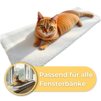 Eine orangefarbene Tabby-Katze entspannt sich auf einer weißen Matte, mit einem kreisförmigen Ausschnitt von ihr auf einer Fensterbank. Text: "Passend für alle Fensterbänke."