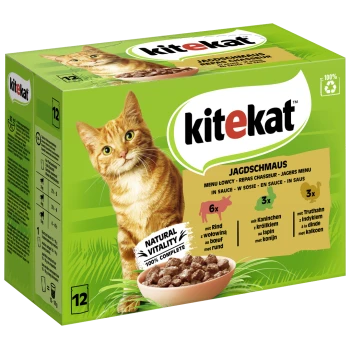 Grüne Kitekat Katzenfutterbox mit einer orangefarbenen Tabbykatze, beschriftet mit "Jagdschmaus," mit 12 Portionen und "Natural Vitality 100% Complete."