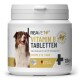 Behälter mit REAVET Vitamin B Tabletten für Hunde, mit einem lächelnden Hund und dem Text: "Hochdosiert mit 8 Vitaminen," "Made in Germany."