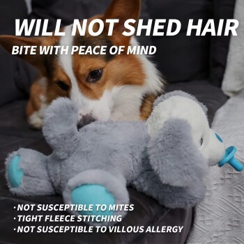 Corgi kaut auf einem grauen Plüsch-Elefanten auf der Couch; Überlagerungstext: 'WILL NOT SHED HAIR', 'BITE WITH PEACE OF MIND' und Aufzählung der Eigenschaften