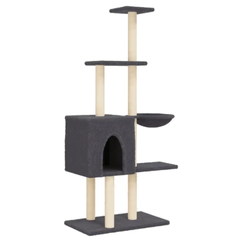 Grauer Katzenbaum mit mehreren Ebenen, einem gemütlichen Versteck und einer schalenförmigen Sitzgelegenheit, entworfen für Katzen-Spiel und Entspannung.