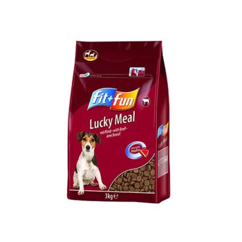 Sac de nourriture pour chien étiqueté "fit+fun Lucky Meal" avec du bœuf, présentant une image de chien et indiquant "3kg" et "avec Inuline."