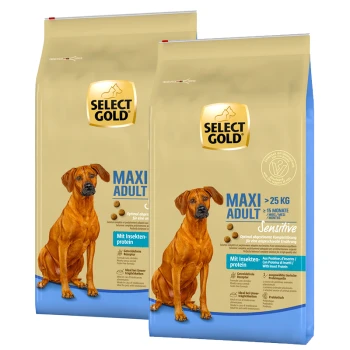 Zwei Beutel Select Gold Hundefutter, beschriftet mit 'MAXI ADULT' für Hunde über 25 kg, mit einem braunen Hund auf der Vorderseite und dem Hinweis 'Mit Insekten-protein.'