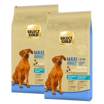 Deux sacs de nourriture pour chiens Select Gold étiquetés "MAXI ADULT" pour les chiens de plus de 25 kg, avec un chien marron sur le devant et indiquant "Mit Insekten-protein."