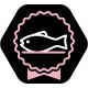 Icoon met een gestileerde vis binnen een roze en zwarte badge, die kwaliteit of versheid in huisdiervoeding symboliseert.